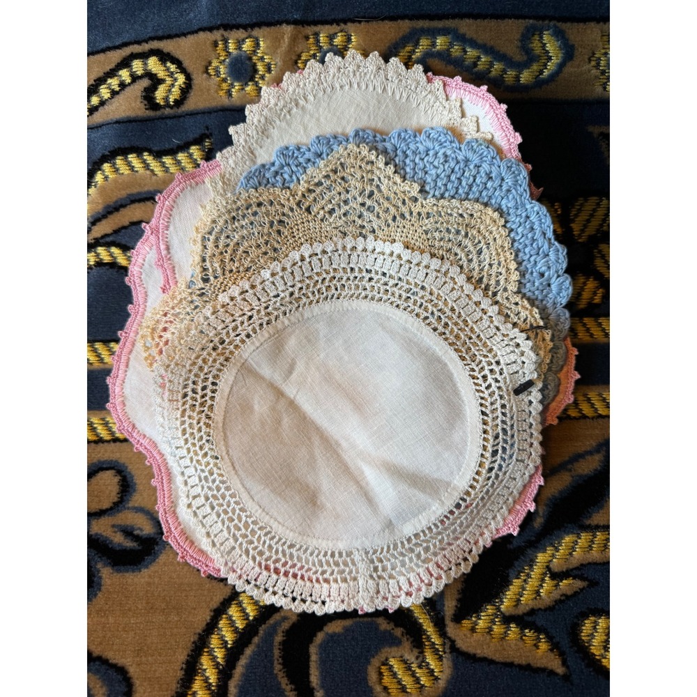 Vintage Linen Doilies Crochet Lace Edging Pastel Pink Blue Cream Set Cottagecore